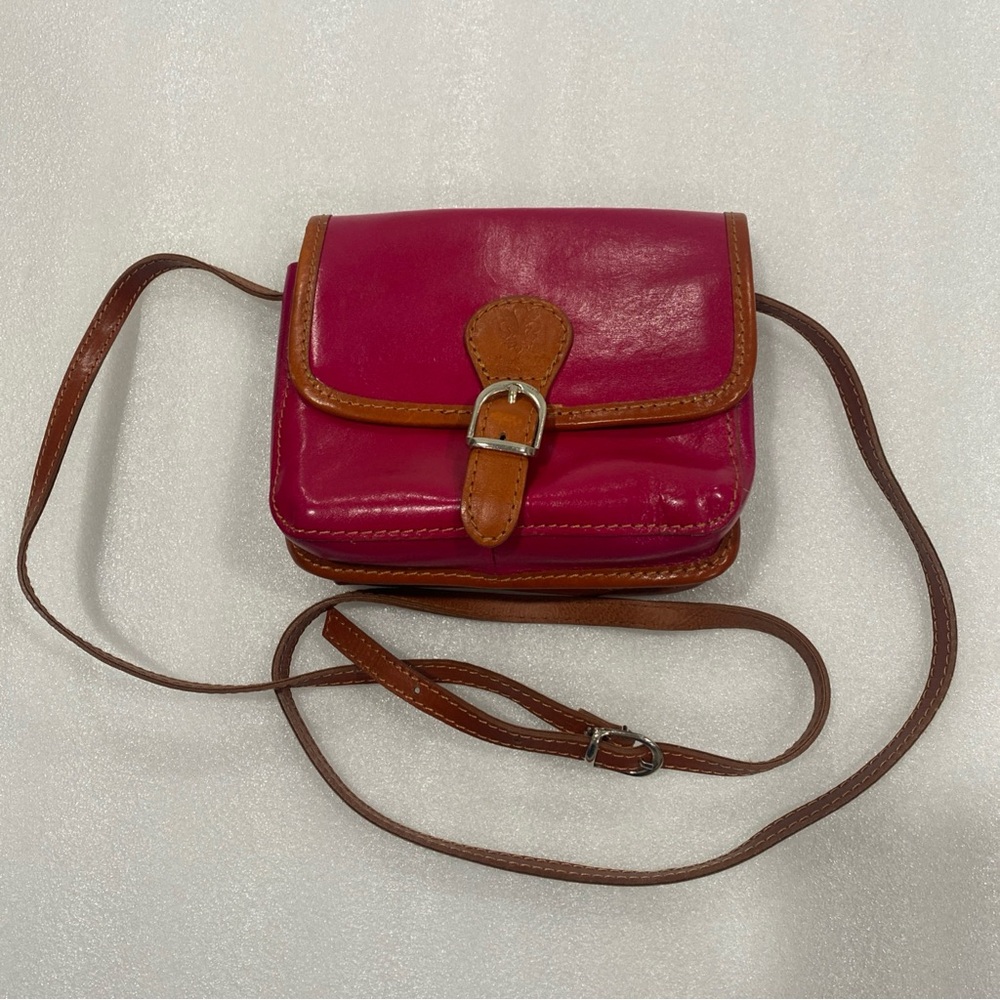 Vera Pelle Made In Italy Leather Mini Crossbody Messenger Bag Bright Pink EUC